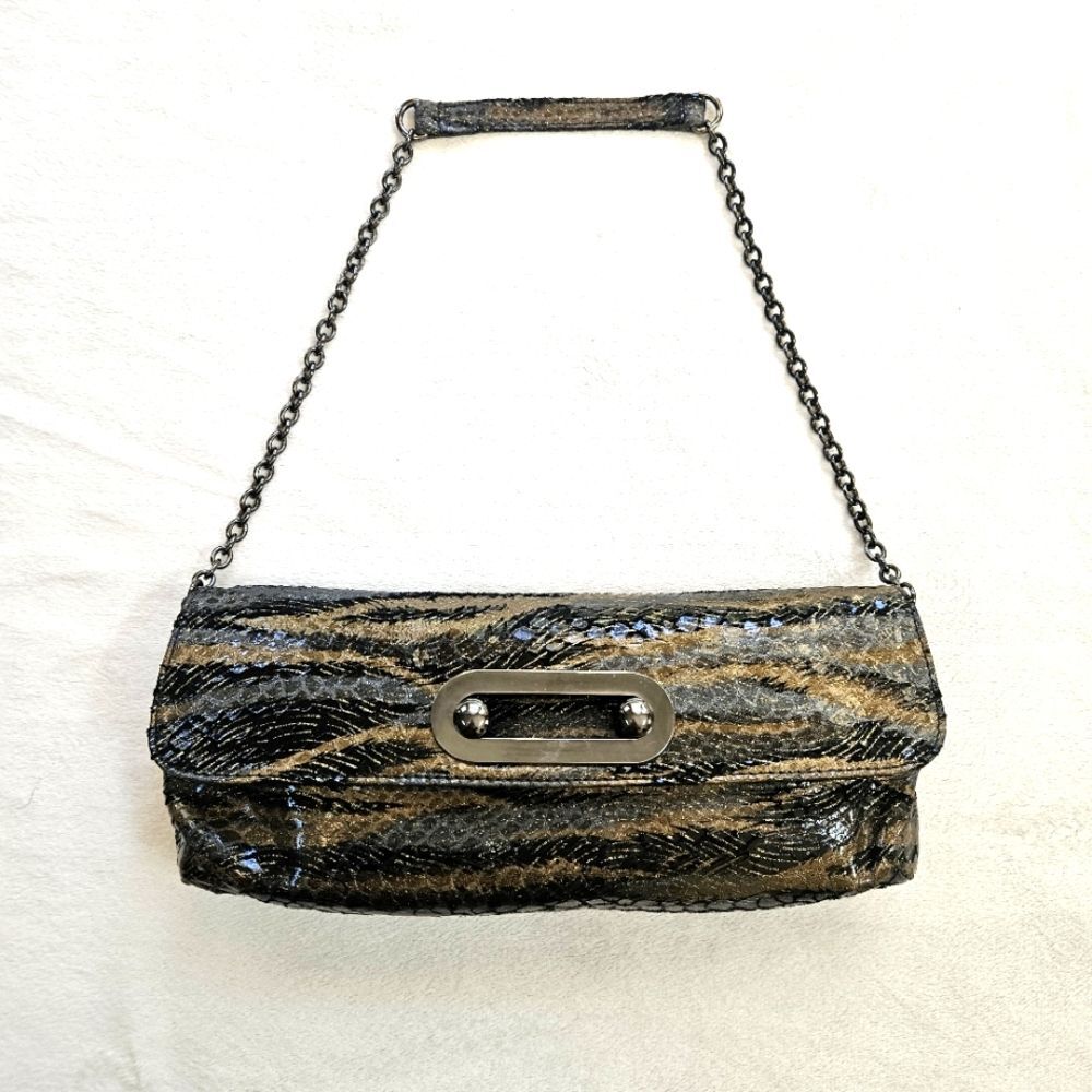 Hobo International Clutch Shoulder Stra Animal Print Metallic Black/Silver/Gold